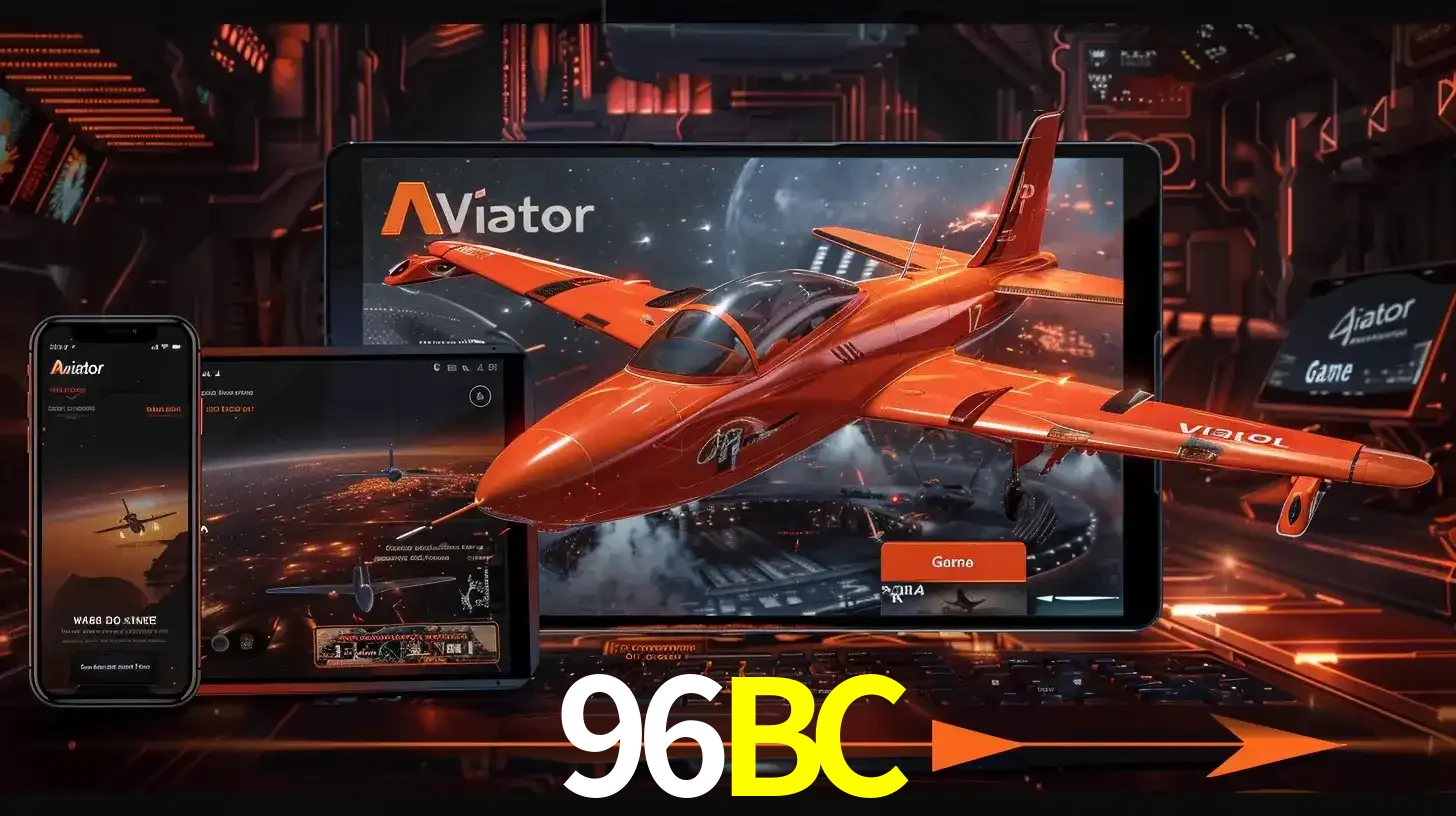 Apresentação tecnológica do jogo Aviator com um avião saindo da tela de um tablet, demonstrando a experiência imersiva em múltiplos dispositivos no 96BC.