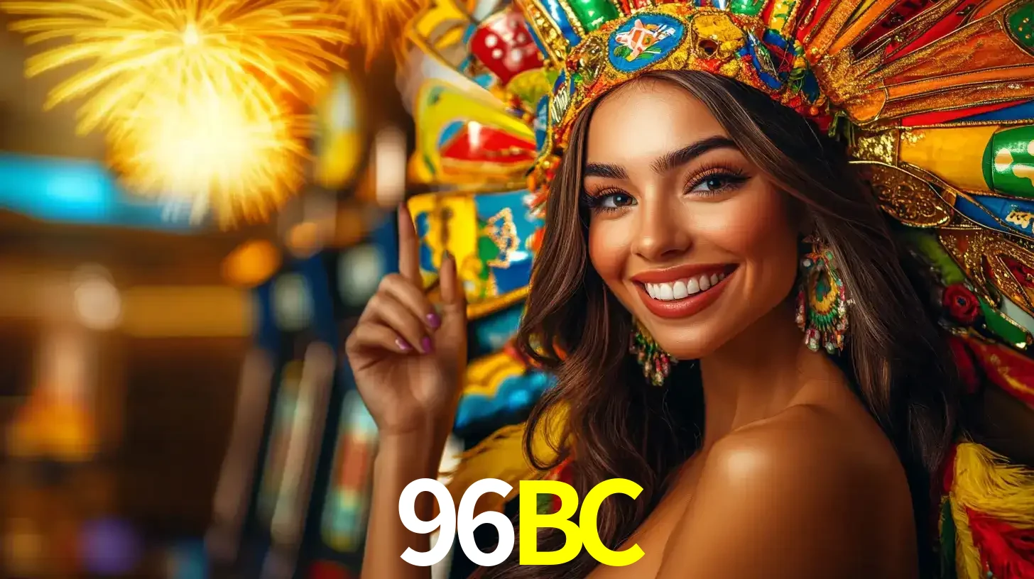 Mulher sorridente com um cocar de carnaval vibrante e colorido, celebrando uma grande vitória nos jogos do cassino 96BC com fogos de artifício ao fundo.