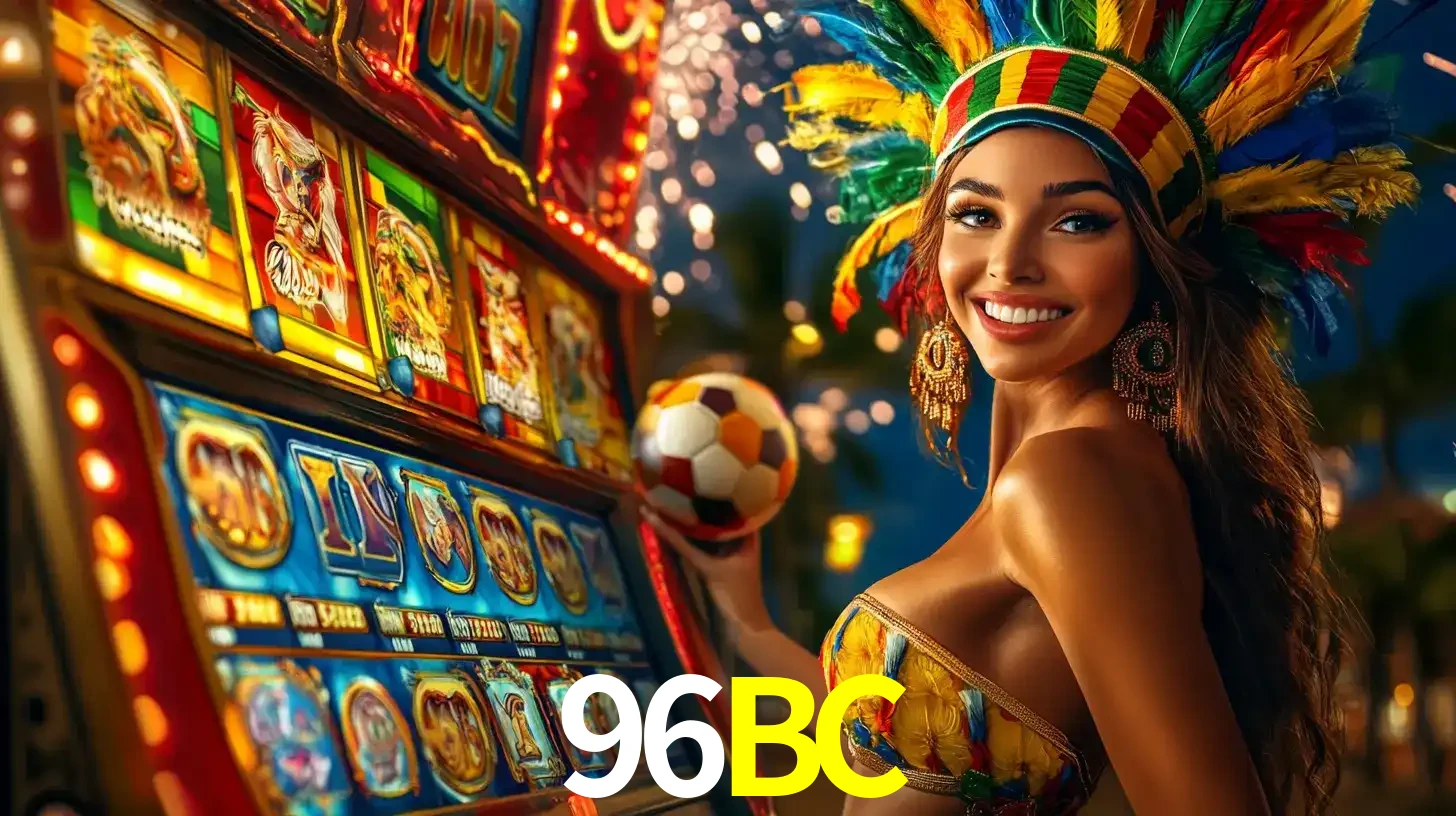 Mulher com um cocar de carnaval ao lado de uma máquina de caça-níqueis enquanto segura uma bola de futebol, mostrando a união da diversão de cassino e esportes no 96BC.