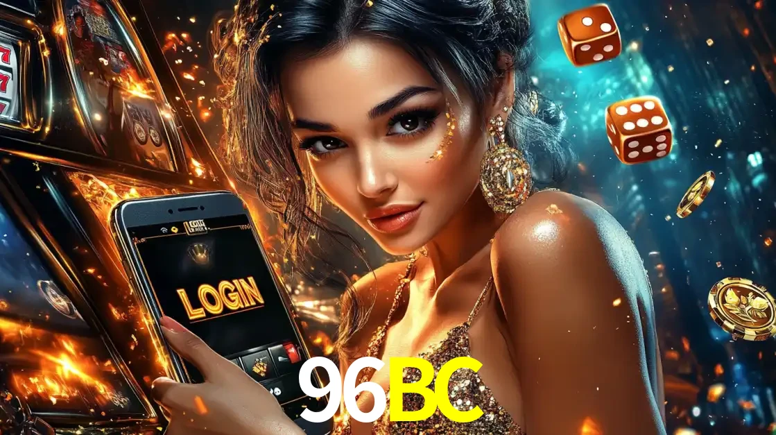 Mulher glamourosa segurando um celular com a tela de login do cassino 96BC, rodeada por dados e moedas douradas, pronta para começar a diversão.