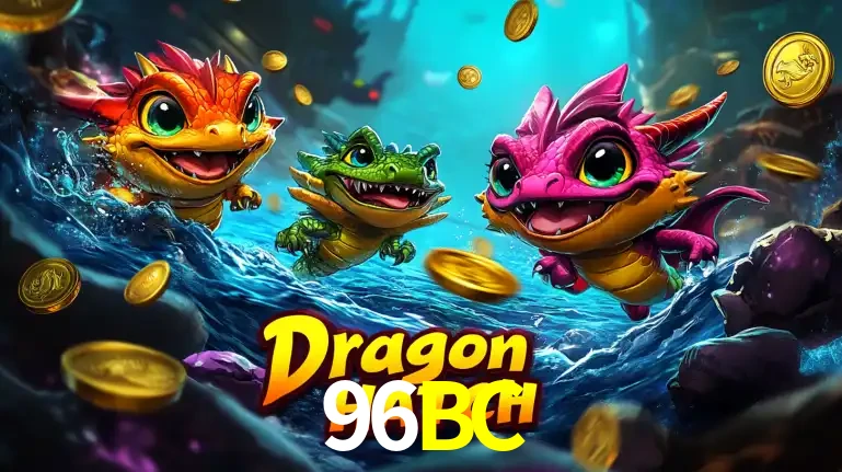 Arte promocional do jogo Dragon Hatch com três adoráveis dragões bebês nadando entre moedas de ouro, um dos slots mais divertidos para jogar no cassino 96BC.
