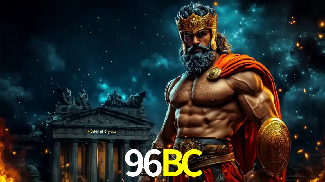 O poderoso Zeus do jogo de slot Gates of Olympus em frente ao seu templo, pronto para lançar multiplicadores divinos e prêmios épicos no cassino online 96BC.