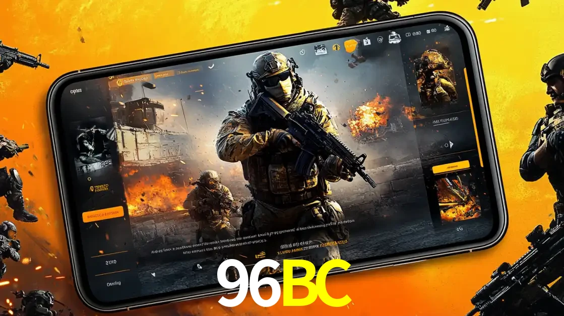 Um smartphone exibindo a interface de um jogo de tiro em primeira pessoa, com um soldado em um cenário de batalha, representando a ação dos e-sports para apostar no 96BC.