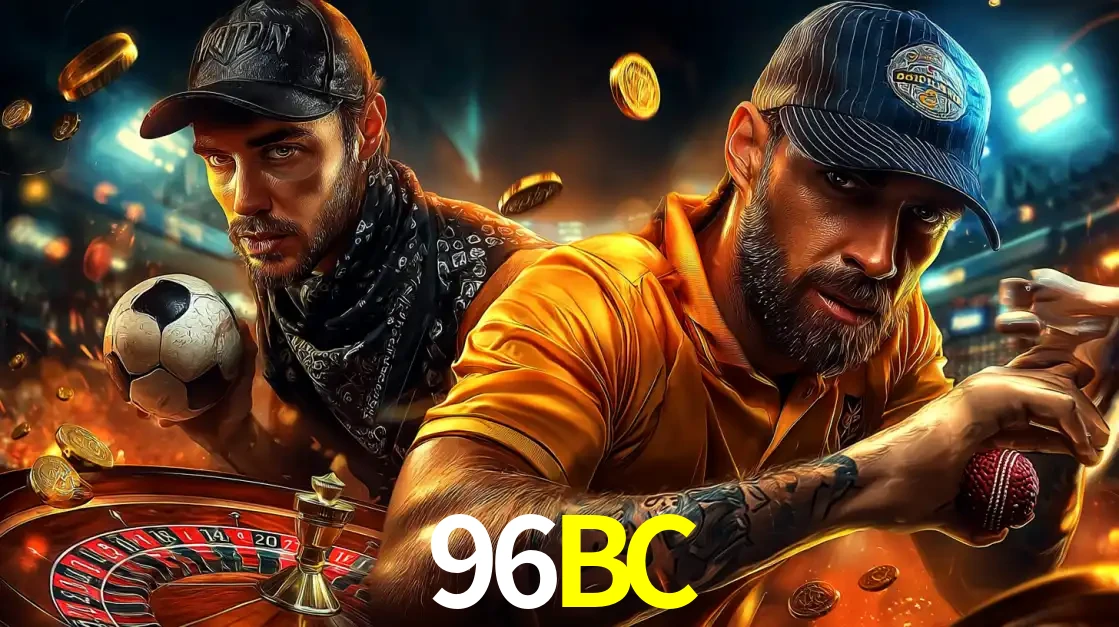 Montagem de apostas esportivas e cassino no 96BC, com um homem segurando uma bola de futebol e outro uma de beisebol sobre uma roleta e moedas voadoras.