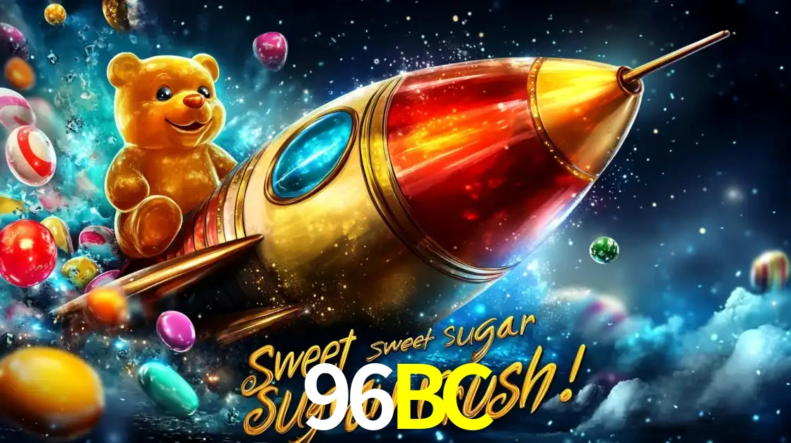 Arte promocional do jogo de slot Sugar Rush, com um urso de pelúcia em um foguete viajando pelo espaço de doces, um dos jogos divertidos disponíveis no cassino 96BC.