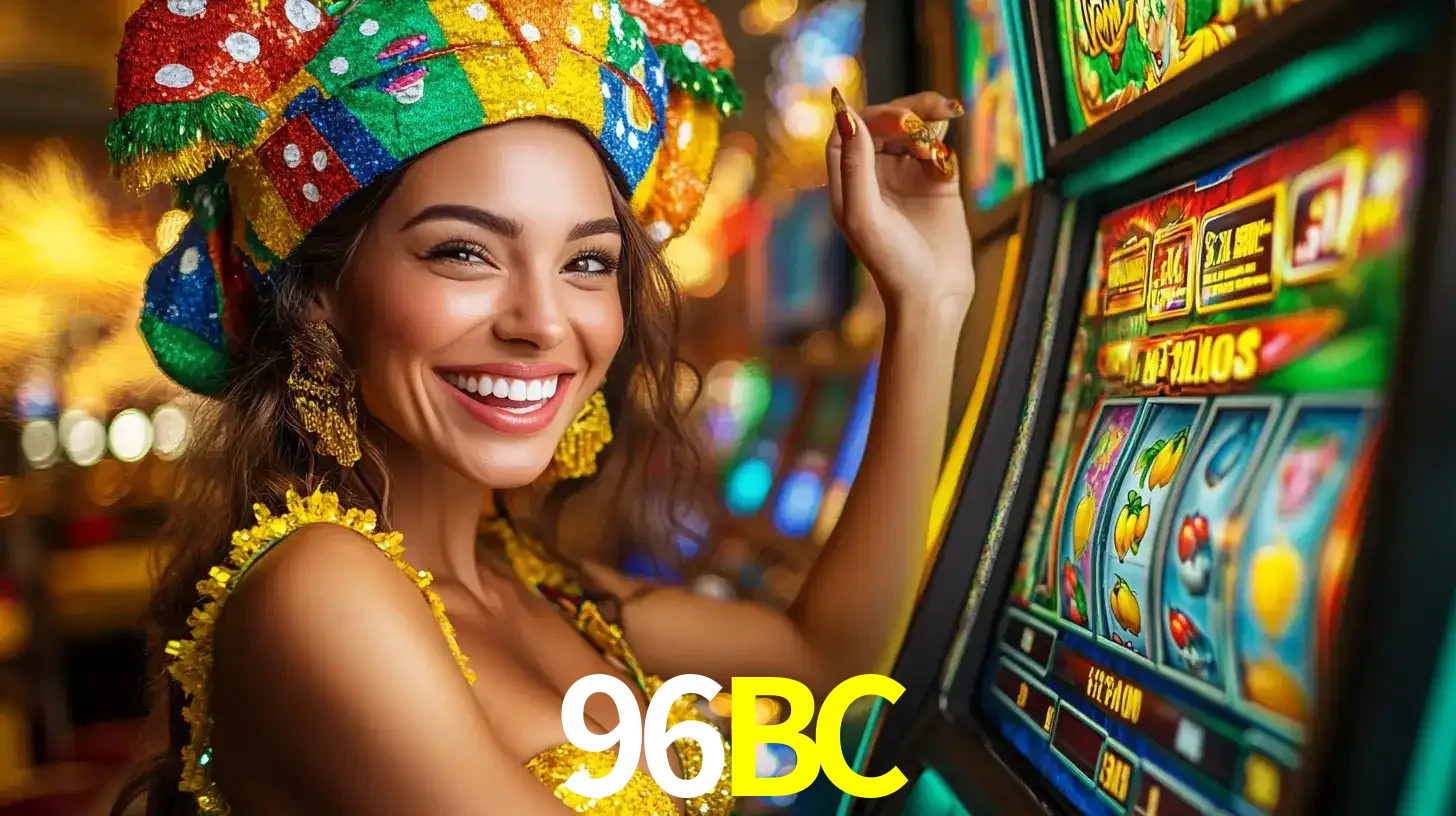 Mulher feliz com traje de carnaval amarelo e colorido ao lado de uma máquina de caça-níqueis, aproveitando a diversão e os jogos temáticos do cassino 96BC.
