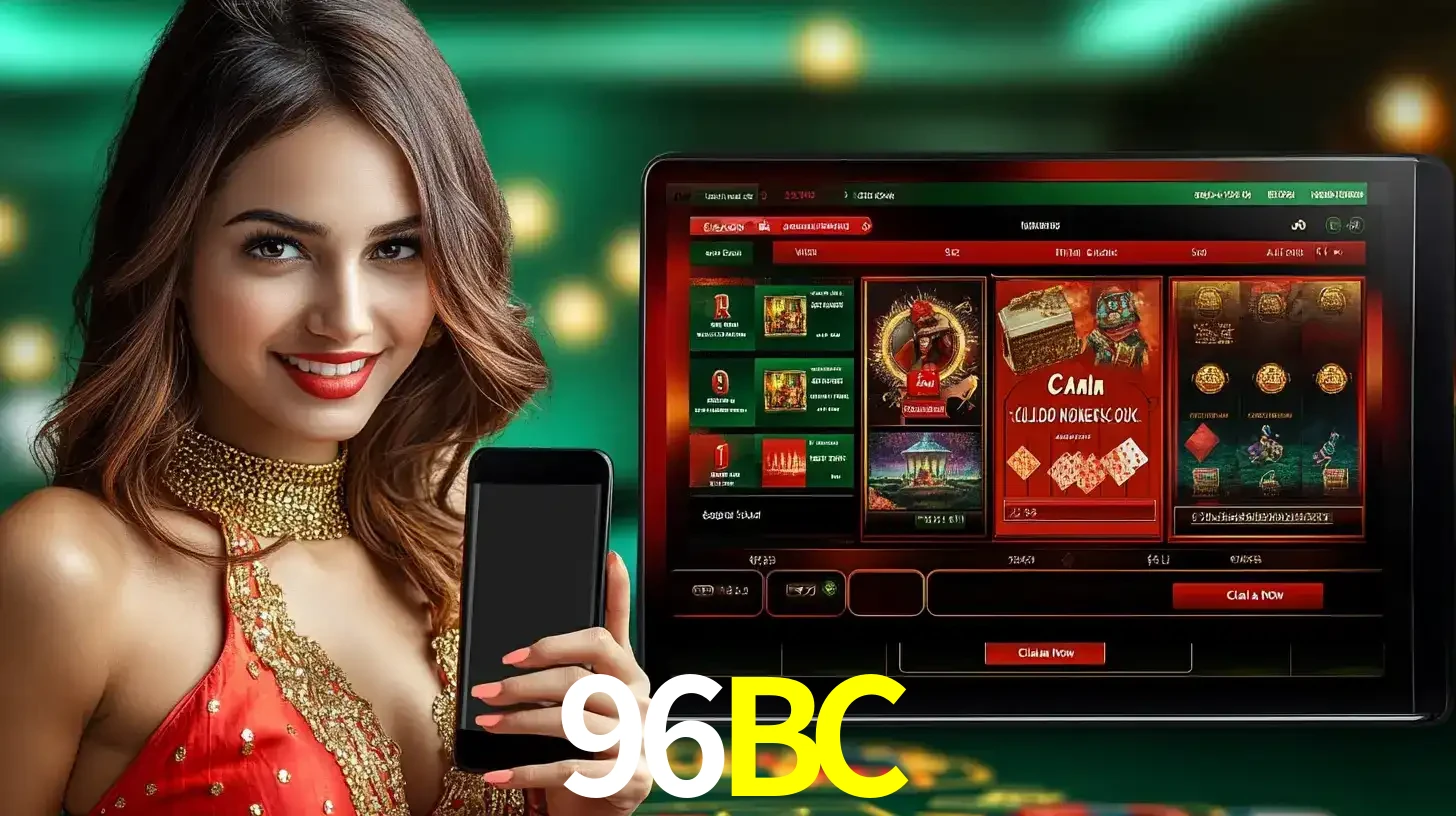 Mulher sorridente segurando um smartphone, ao lado de uma tela exibindo o lobby de jogos do cassino online 96BC, com várias opções de jogos de cartas e slots.
